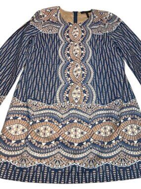 BCBGMAXAZRIA Navy & Rust Boho Long Sleeve Shift Dress | Size Large